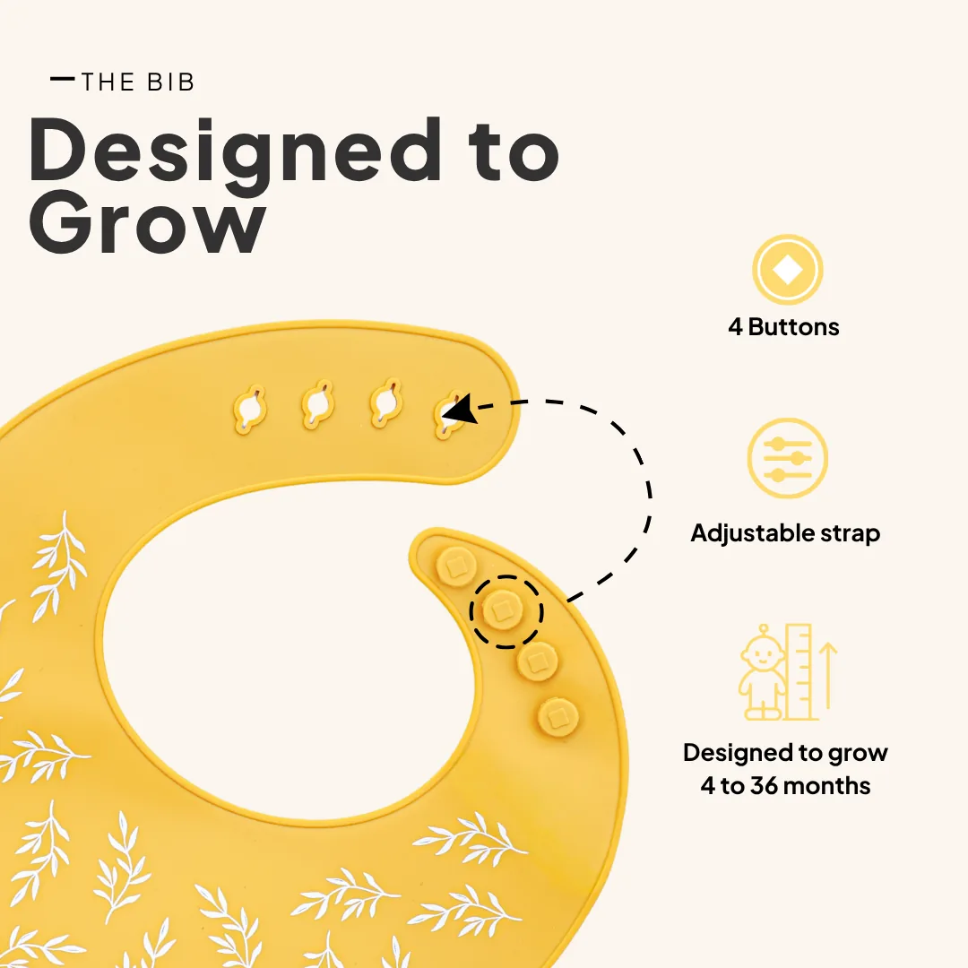 Diagram of a yellow KAYA bib showing four snap buttons and an adjustable strap, designed to grow from 4 to 36 months